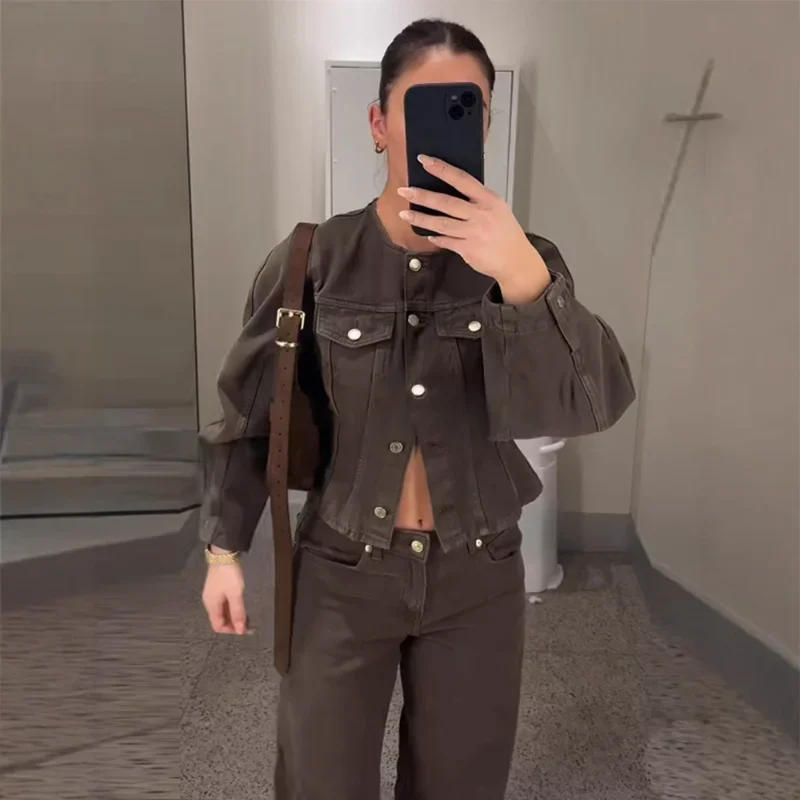 الشارع الصلبة الدنيم المرأة بنطلون البدلة Y2k س الرقبة واحدة الصدر معطف نحيف جيب مضغوط السراويل 2025 ربيع الخريف سيدة مجموعة