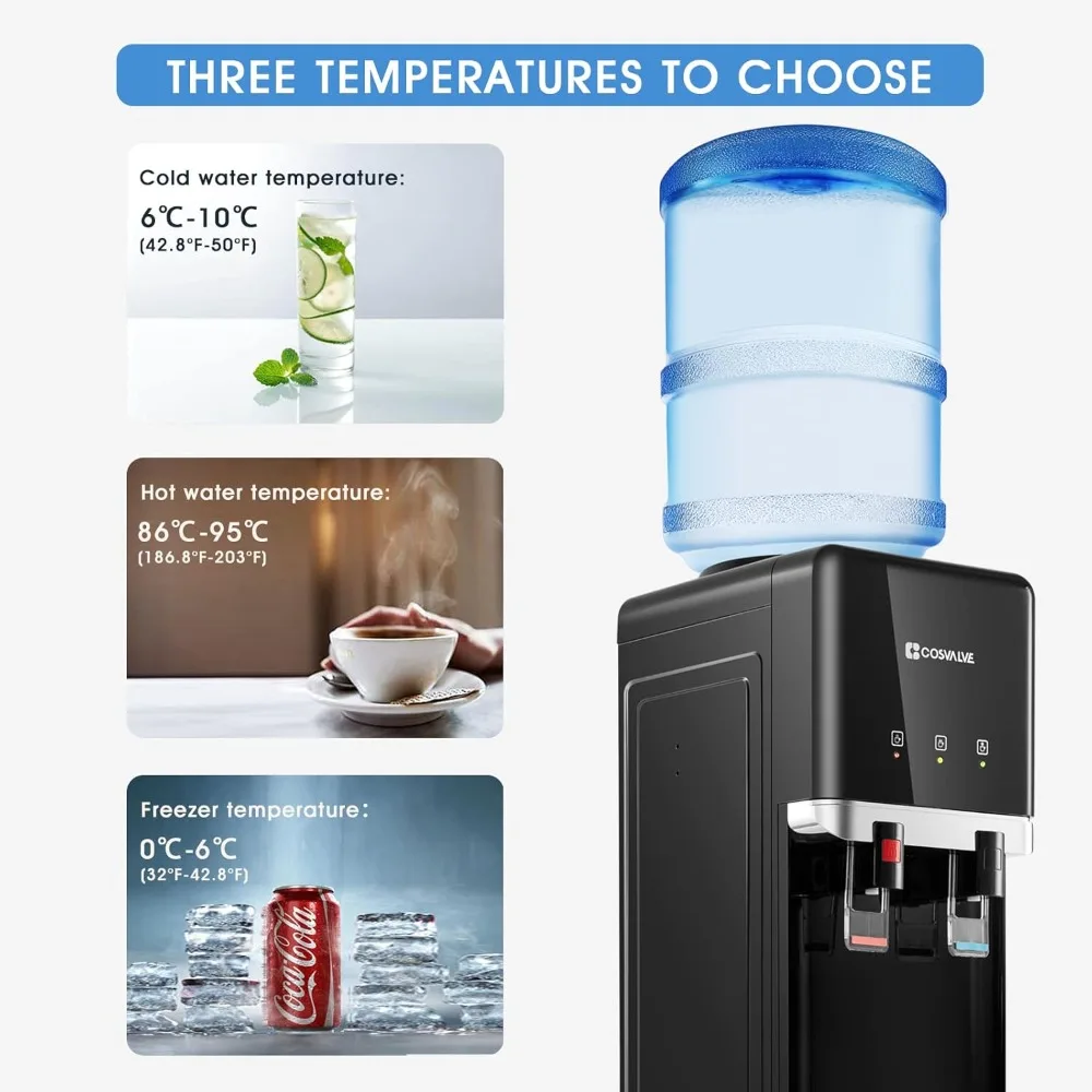 Water Cooler Dispenser W/Freezer Cabinet & Child Safety Lock 5 Gallon Top Loading Hot/Cold Water Cooler