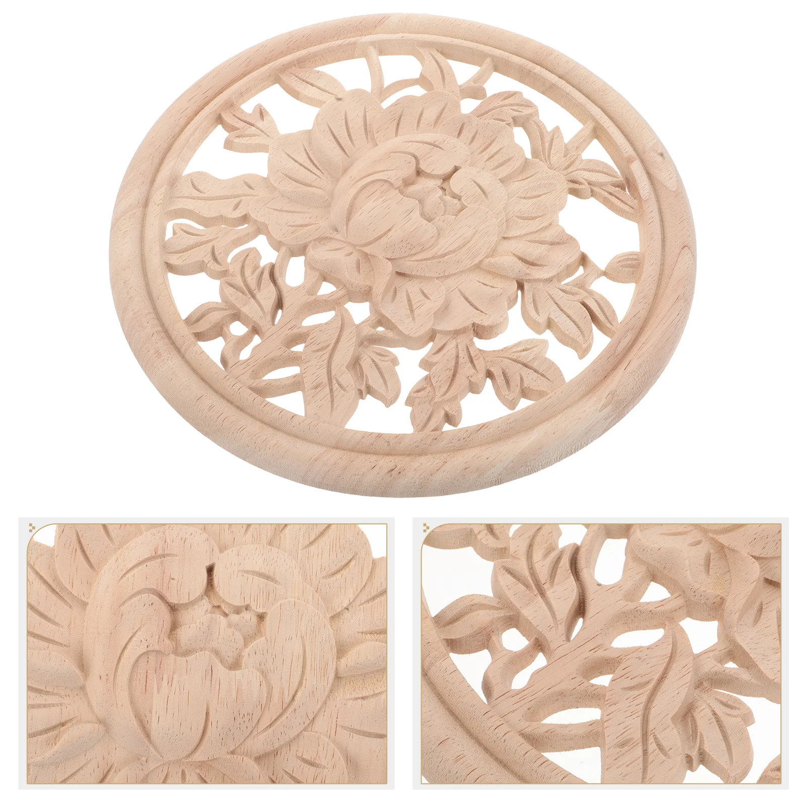 

24cm Round Wooden Applique Carved Flower Design for Wall Cupboard Door Cabinet Furniture Decorative Plates Rustic Wood Appliques