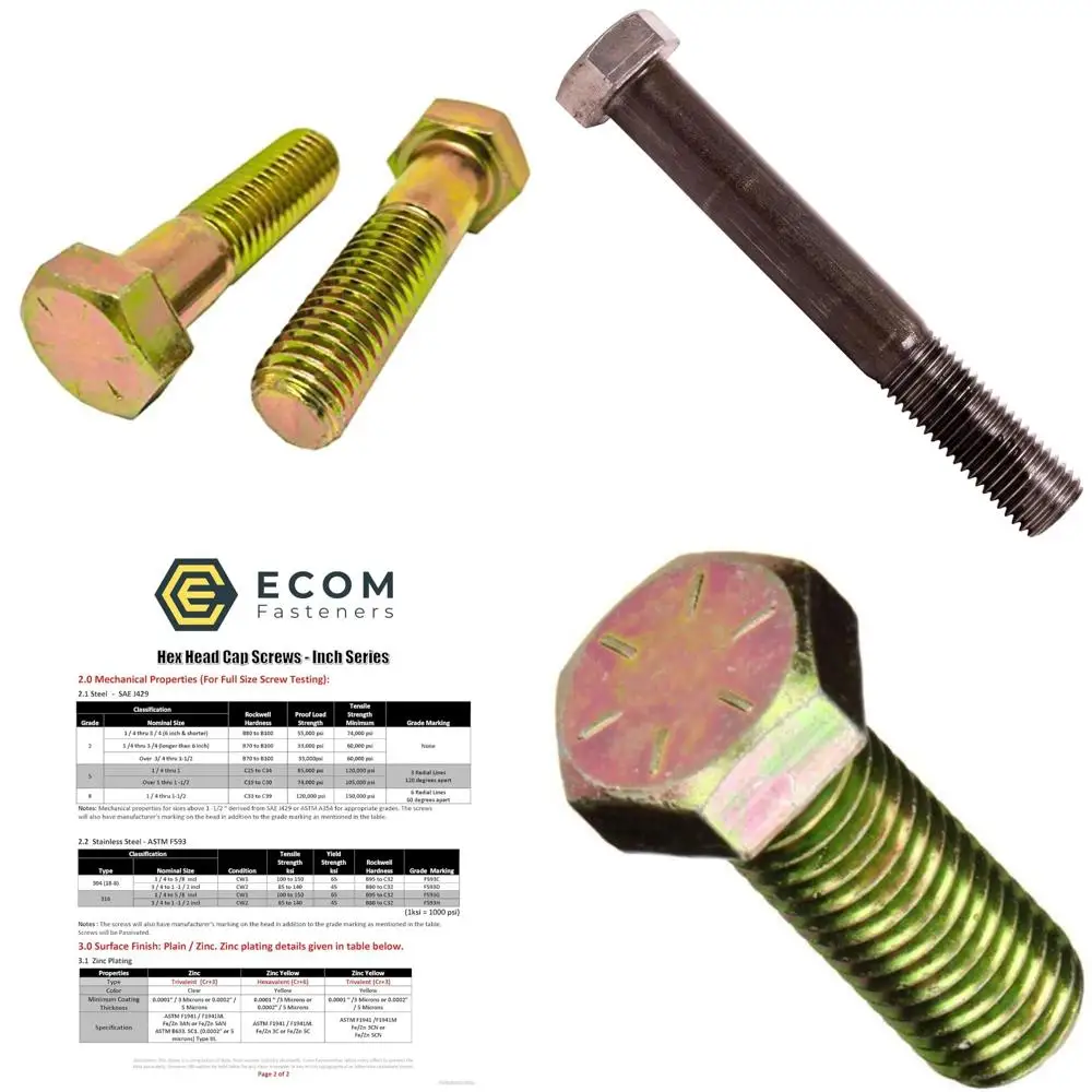 

Grade 8 Zinc Yellow Plated Hex Cap Screws 5/8-11 x 3-1/4, 25-Piece, Coarse Thread, Partially Threaded, 1.5 Thread Length, Suitab