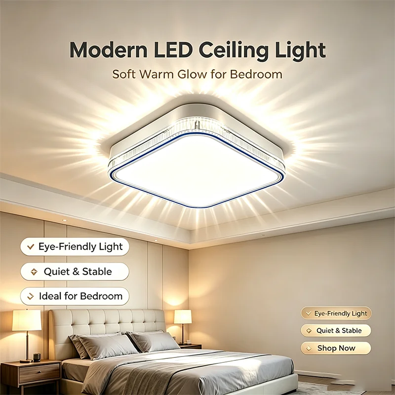 Square LED Ceiling Light Modern Crystal Border Flush Mount Lamp 24W 36W 48W Blue Decorative Line Indoor Lighting for Bedroom