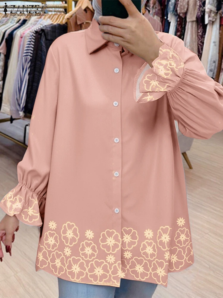 

ZANZEA Islamic Hijab Muslim Shirts Woman Turn-Down Collar Printed 2025 Fashion Chemise Femme Casual Button Up Flared Sleeve Tops