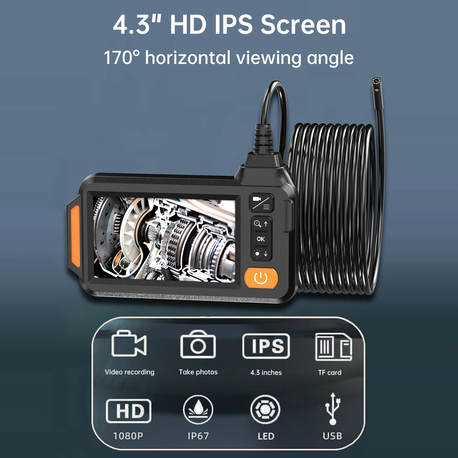 Przemysłowa kamera inspekcyjna do kanalizacji 1080P z podwójnym obiektywem, endoskop, kamera do rur z 8 diodami LED, ekran HD IPS 4,3 cala, monitorowanie w czasie rzeczywistym.