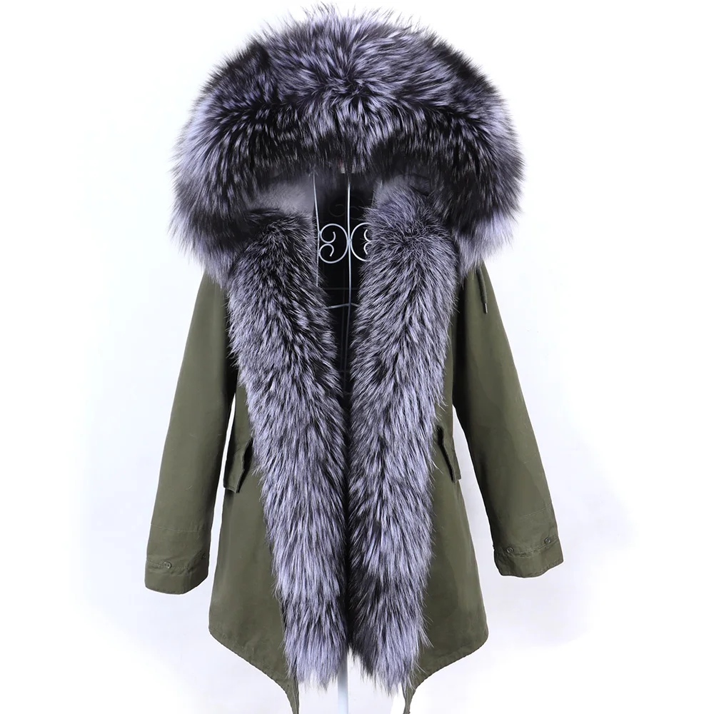 

Winter Clothes Women Natural Fur Coat Real Complete Set Of Fox Fur collar Parkas Warm Faux Rabbit Fur Lining Long Jacket