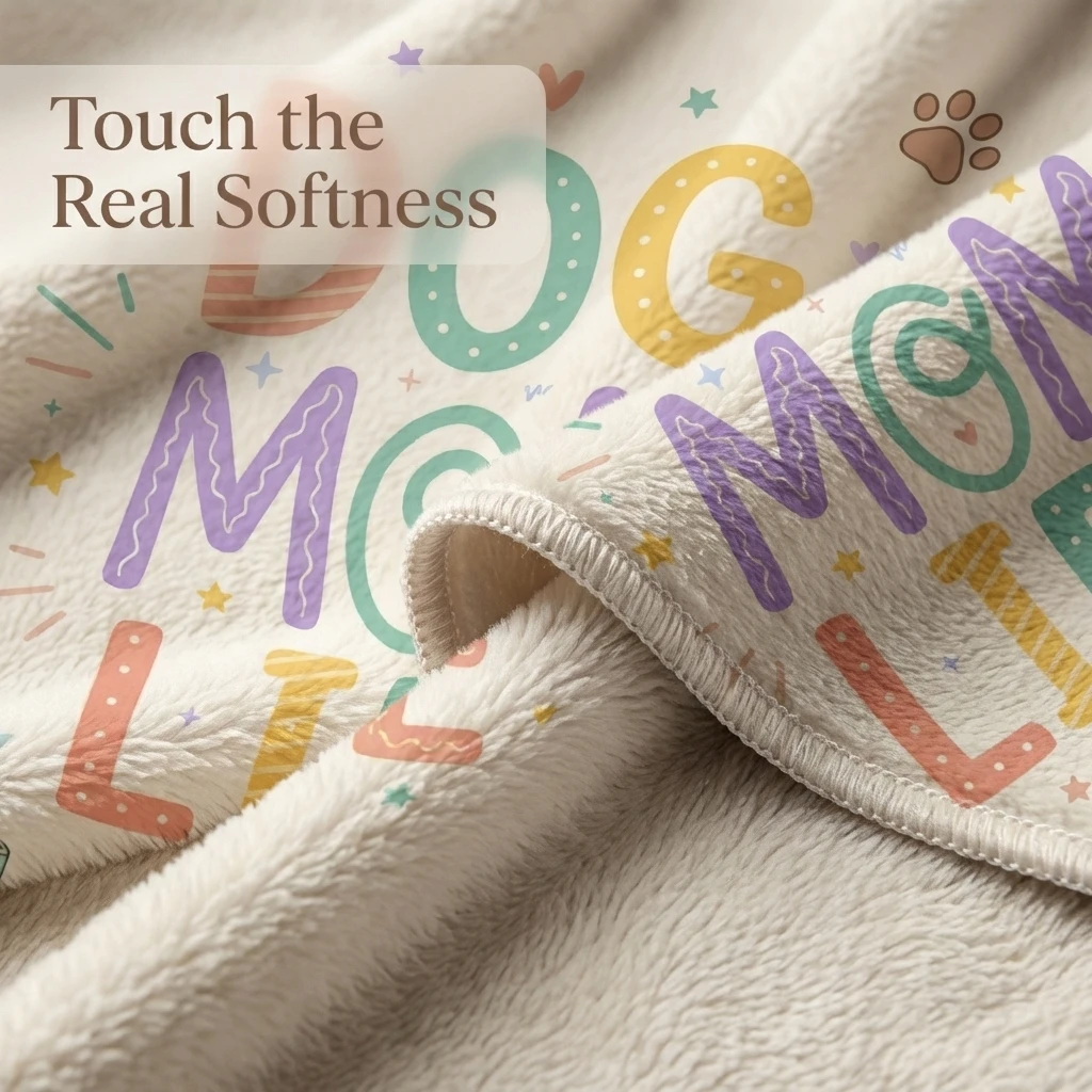 Dog Mom Life Pastel Typography Flannel Throw Blanket, Cute Dog Lover Print with Paw Prints & Dog Icons