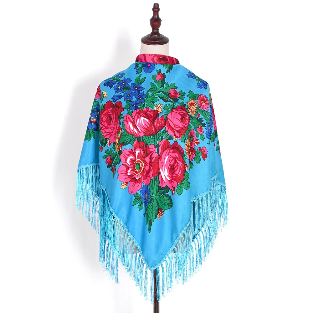 130*130cm Luxury Floral Print Russian National Square Scarf Women Fringed Bandana Ukrainian Shawl Babushka Hijab Head Wraps