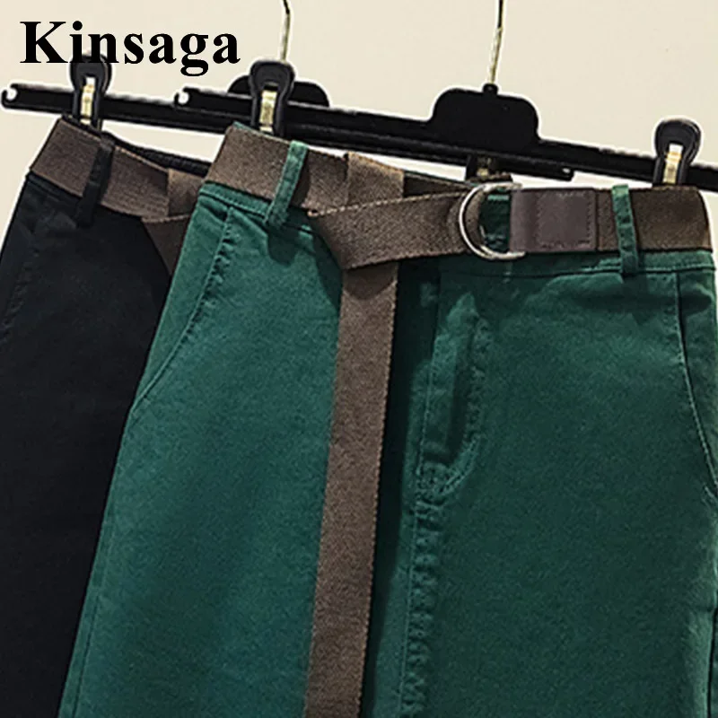 Woman Dark Green Straight Midi Skirts with Belt 4XL Spring Fall Elegant Korean Front Split Mid-length Sashes Belted Pencil Skirt