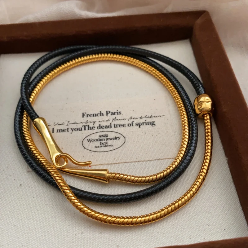 

collares tendencia 2025 Fashionable Metal Leather Cord Splicing Snake Bone Chain Necklace Niche Clavicle Chain Neck Casual