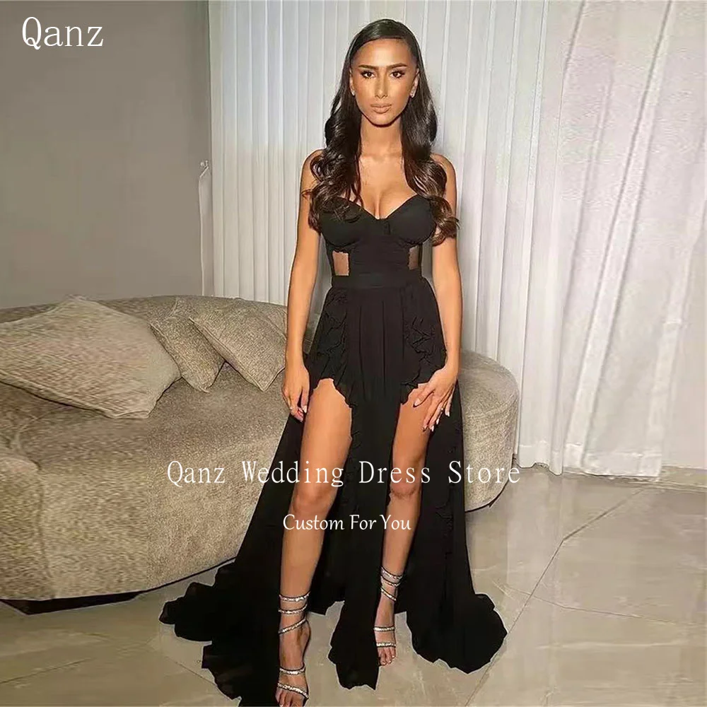 

Qanz Sexy Black Evening Dresses Sweetheart Lace Up Back Chiffon Formal Occasion Dresses Ruched Long Party Gowns For Women 2024