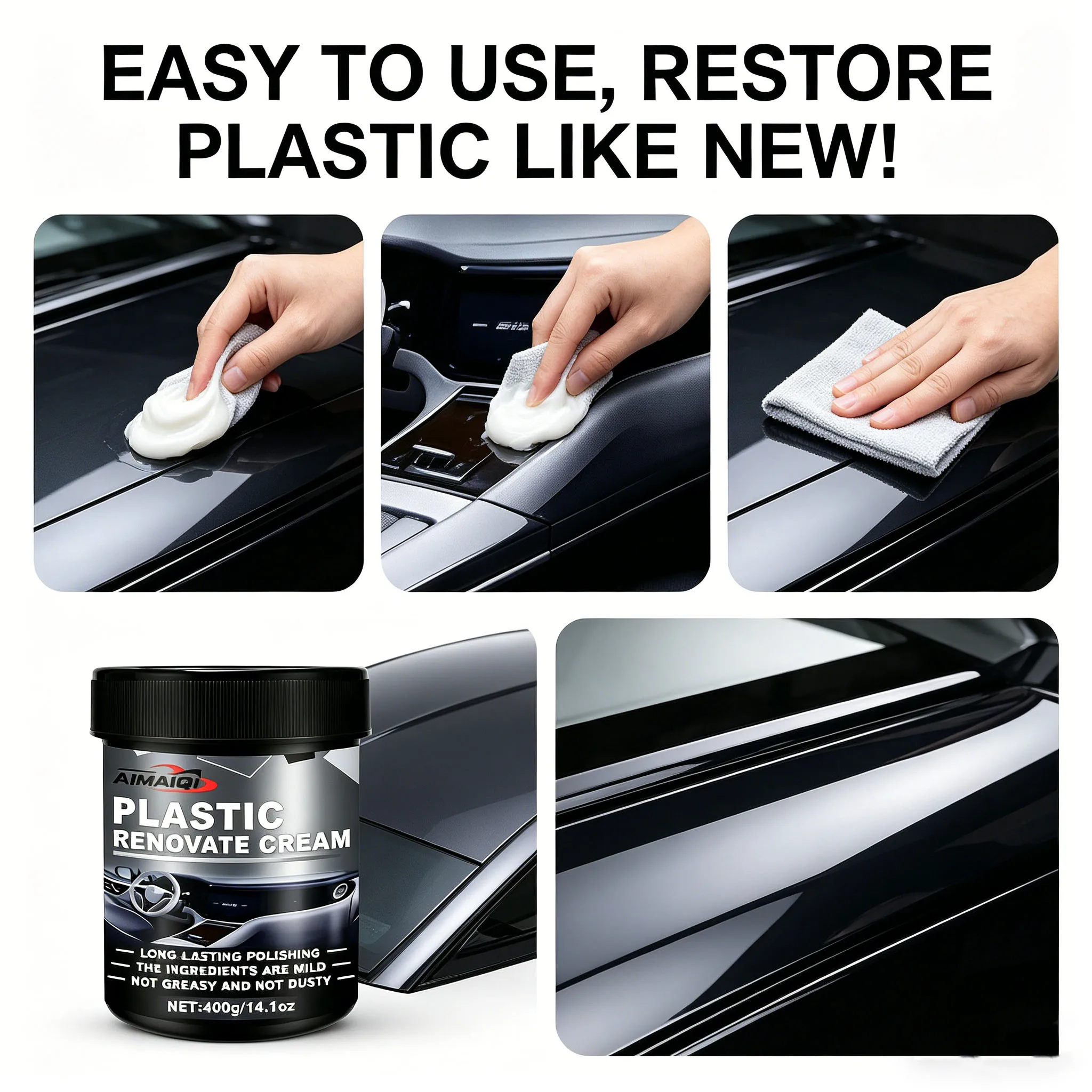 400g Auto Plastic Refurbishing Cream, Black Gloss Renew, Waterproof Anti Aging Car Trim Maintenance Wax