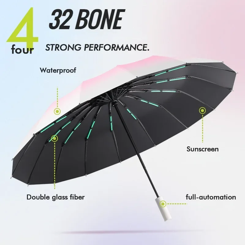 32 Bone Automatic Gradient Color Umbrella for Men Women, Large 3 Fold, Windproof,Waterproof,Sunshade,Sun UV Protection Umbrellas