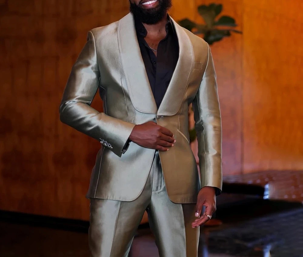 

Серебристый мужской костюм, комплект свадебного костюма, атласный костюм из 2 предметов с остроконечными лацканами, приталенный костюм для вечеринки, выпускного вечера, официальная одежда, смокинги, костюм