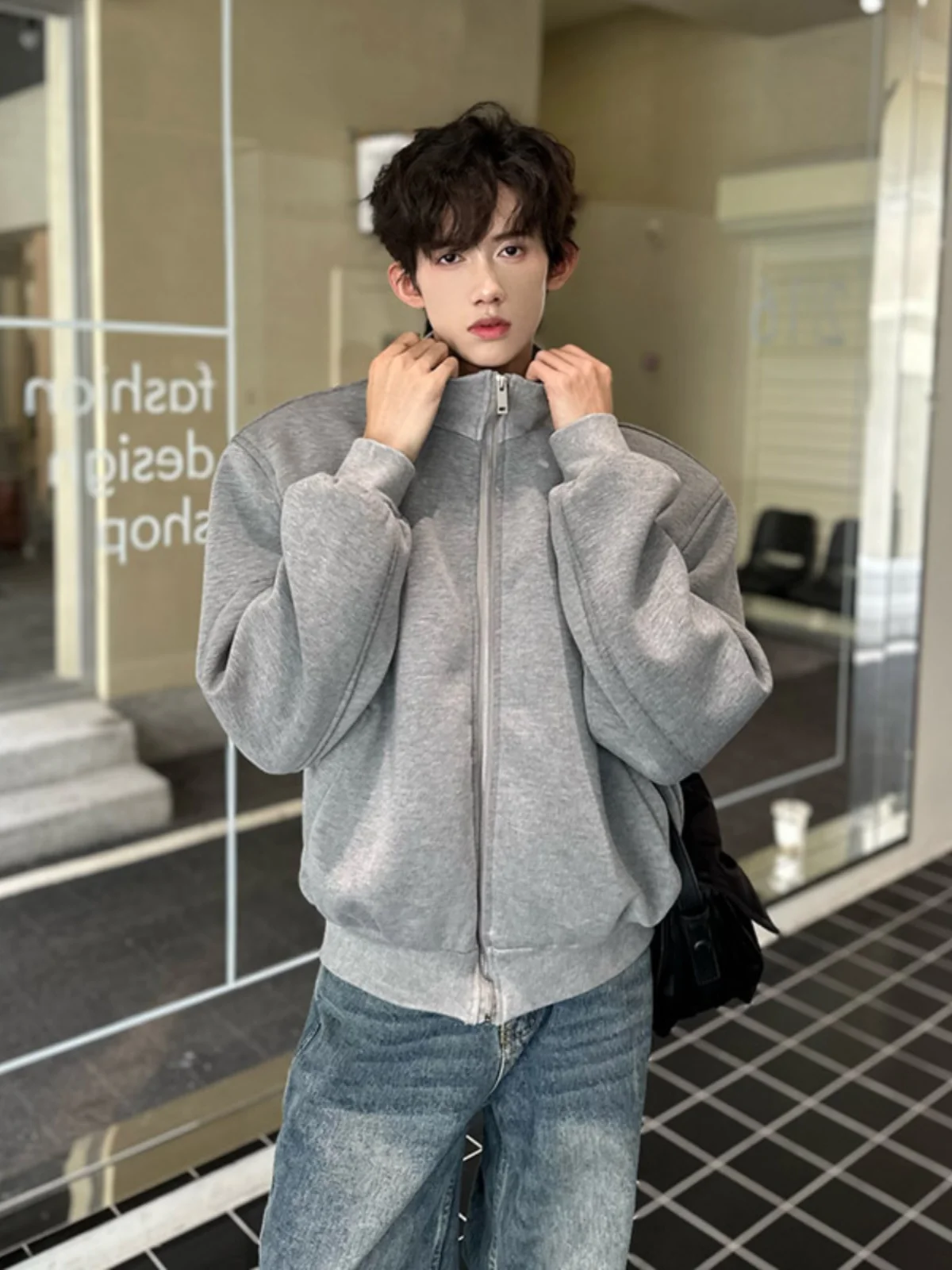 

Cleanfi Men's ort Padded oulder Open Cardigan Jaet ey American Sle Spring Autumn High Street Vibe Casual Loose Fit