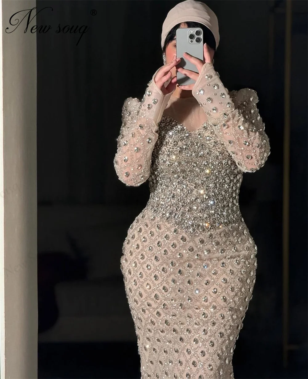 

Haute Coutures Sliver Beaded Diamond Evening Dresses Vestidos De Noche Long Sleeve Prom Dress Arabic Custom Wedding Party Dress