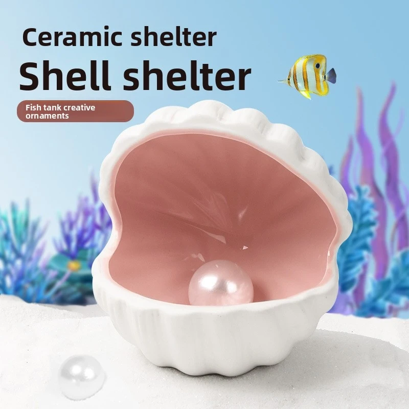 Aquarium Ceramic Cave - Shell Shape Shrimp Breeding Hut, Fish Hiding Spot with Pearl, Natural Tank Ornament