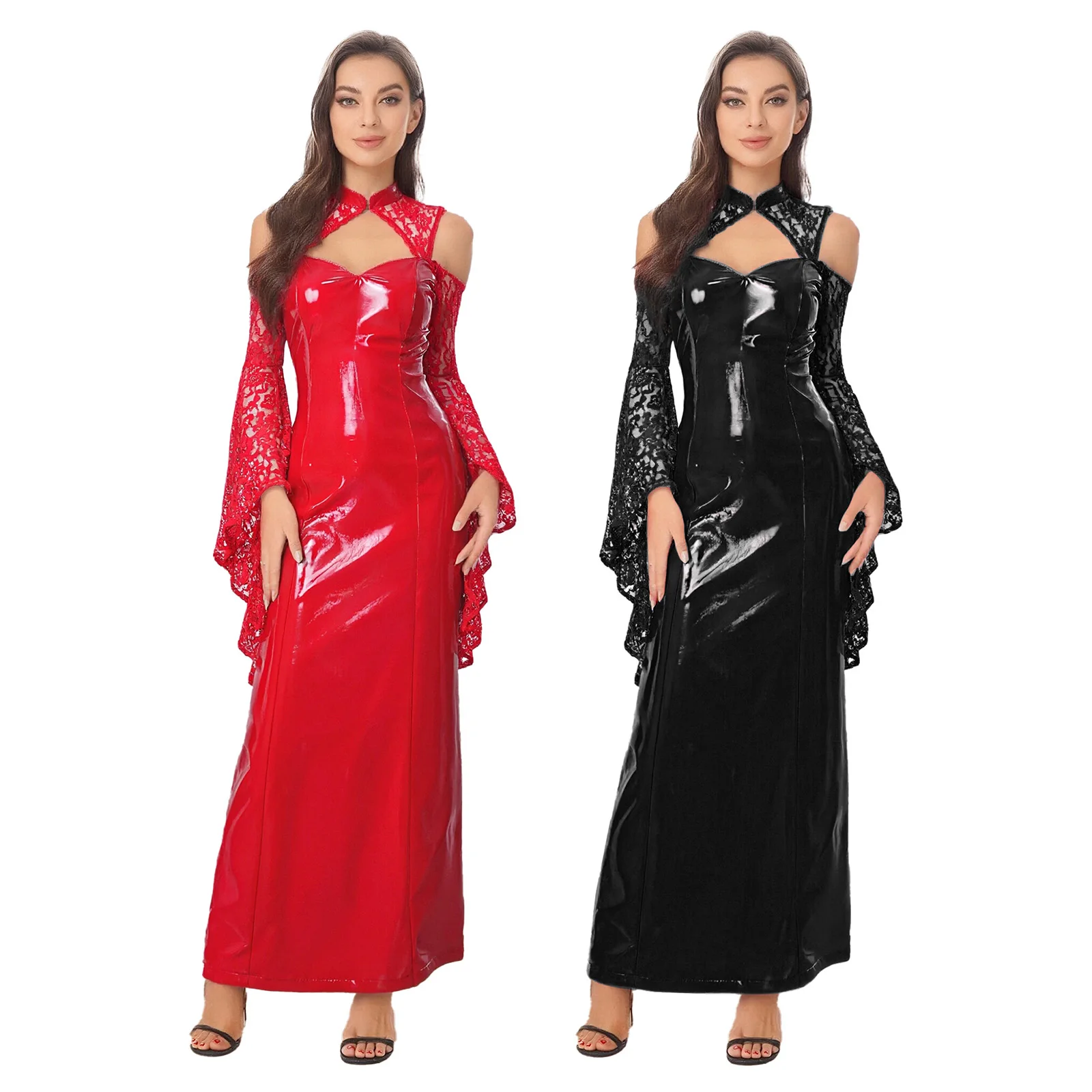 فستان ماكسي نسائي على الطراز القوطي Steampunk مزين بالدانتيل اللامع من البولي يوريثان بأكمام واسعة وفتحة من الخلف فستان بحاشية مقسمة للحفلات والنوادي