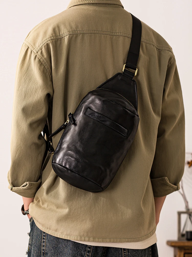 PNDME organizers designers handmade tanned cowhide men's chest bag fashion vintage genuine leather motorcycle crossbody bag