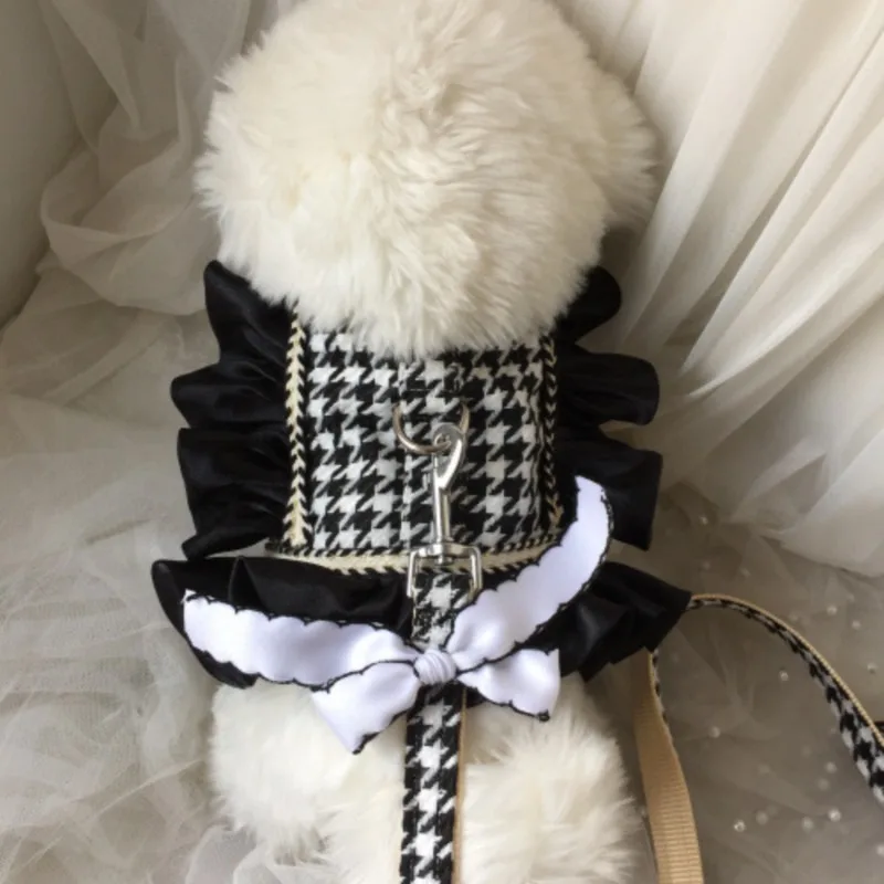 

Pet Plaid Chest Back Traction Rope Bow Ruffles Chest Back Strap Dog Outgoing Chest Back Clothes Small Medium Dog Cat Harness