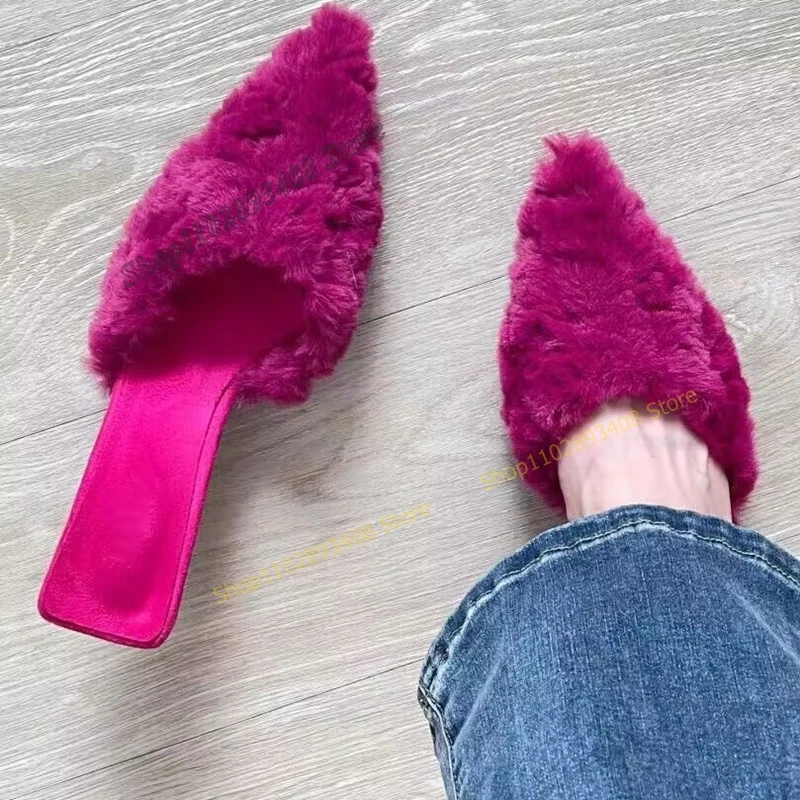 

Rose Red Feather Decor Slippers Pointed Toe Solid Stilettos High Heel Slip on Women Shoes 2023 Fashion Sexy Zapatos Para Mujere