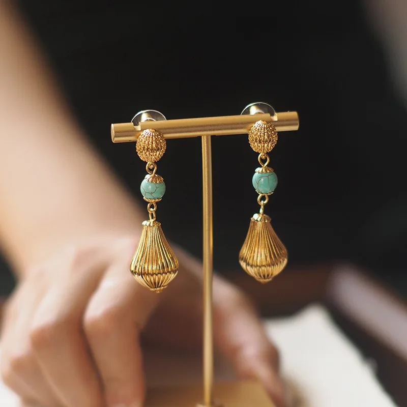 

2025 New Vintage Stud Earrings with Turquoise Tassel, Palace Court Trifari Style - High Luster Gorgeous Bohemian Jewelry