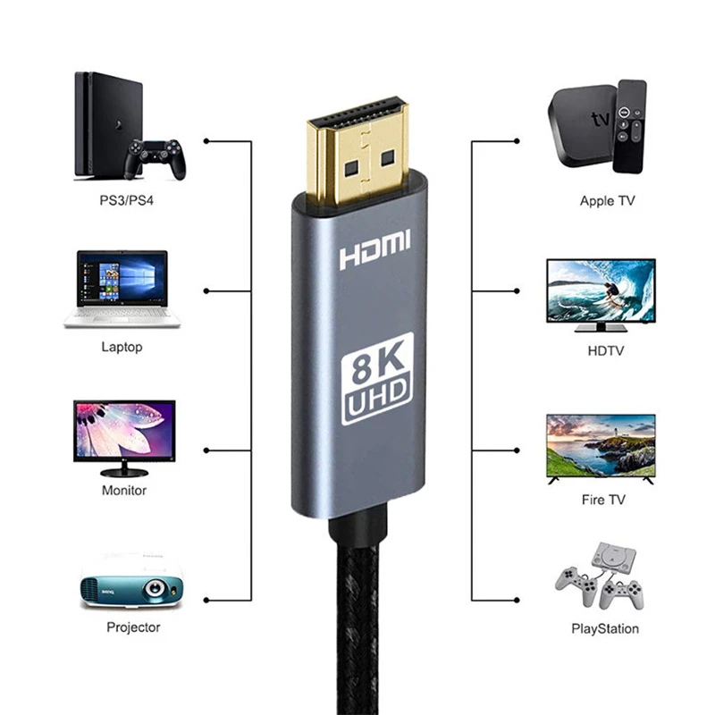 Cable HDMI 8K 4K @ 120Hz 8K @ 60Hz HDMI 2,1, adaptador de 48Gbps para Xbox, PS5/4, Chromebook, HDR, Cable de vídeo, PC, portátil