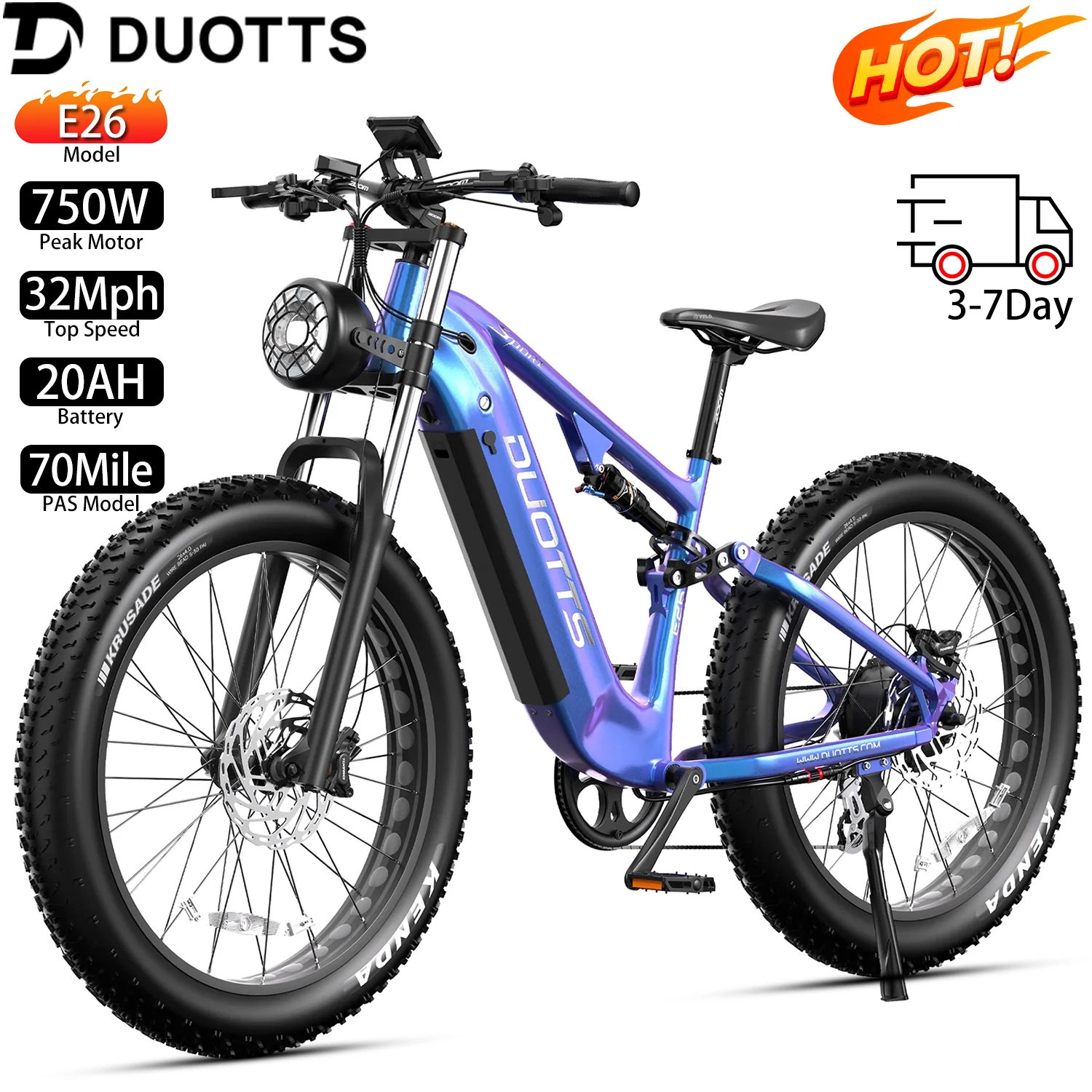 

Adult Electric Bicycle DUOTTS E26 26x4.0" 750W,70Mile,48V 20AH,15Mph,80Nm,Commuting Off-road Electric Bicycle