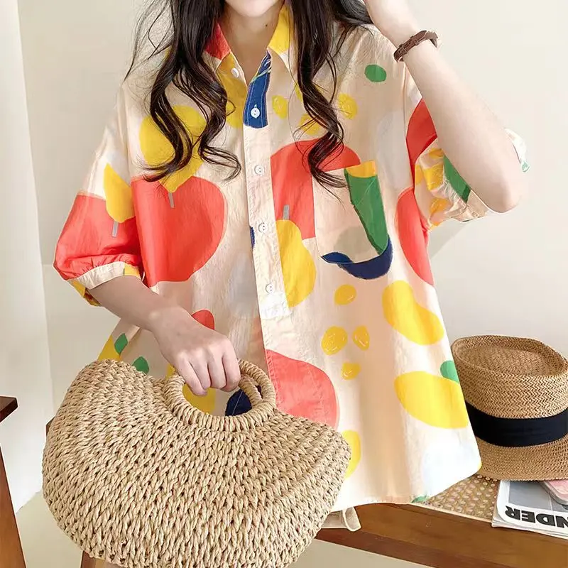 Printed Casual Shirts and Blouses for Women, Korean Stylish Tops, Loose Short-Sleeved Blouse, Literary Clothing, New, Summer