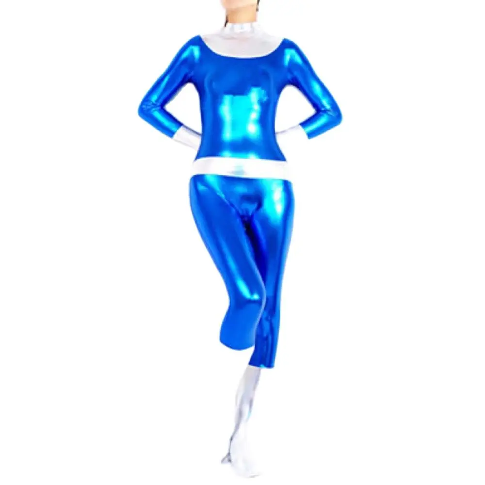 Blau und silber glänzend metallisch Damen Spandex Catsuit Zentai Mode Spaß Overall für Party Club Kleid