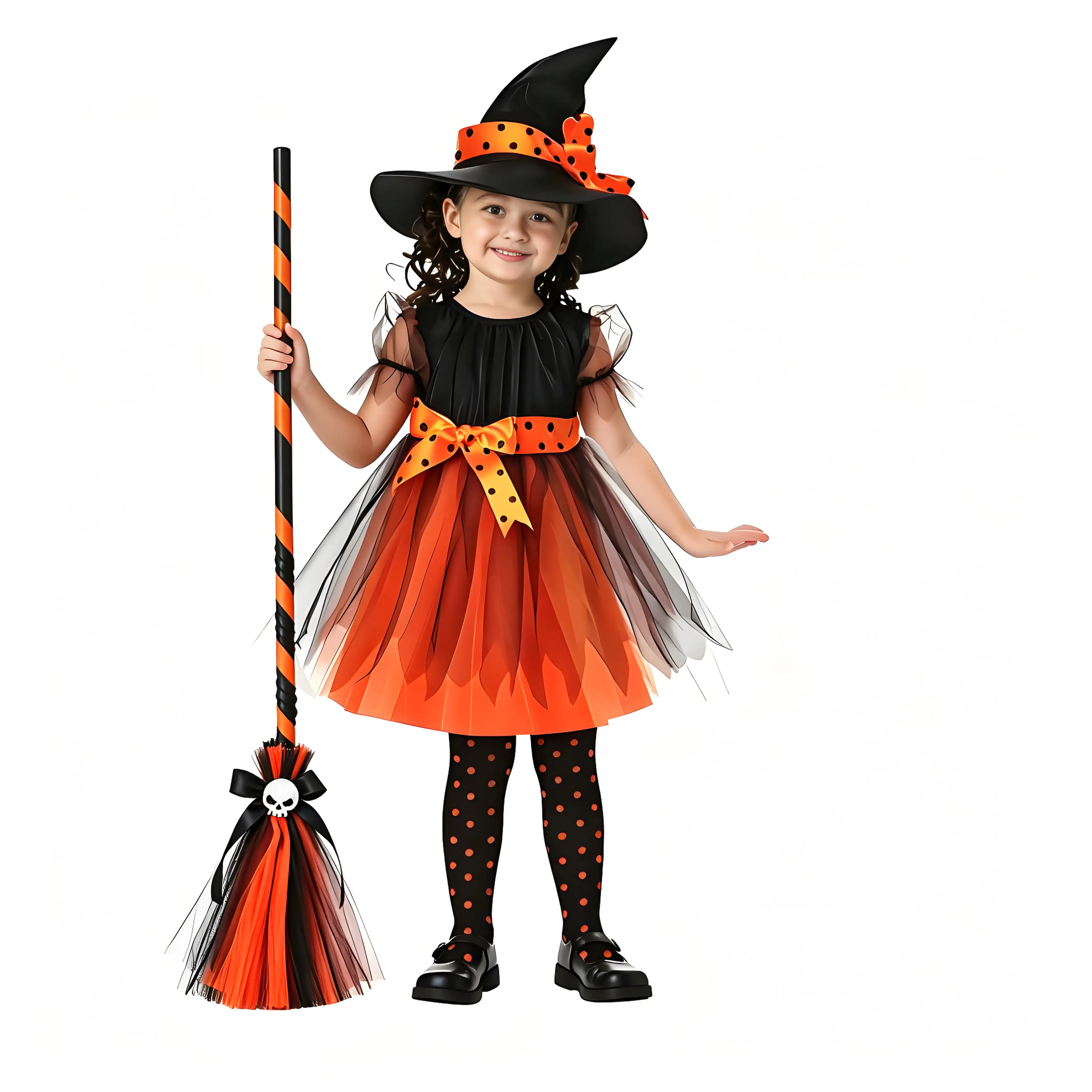 2026 Halloween Carnival Festival Witch Gothic Demon Evil Queen Vampire Yellow Cute Dress + Hat + Broom +  Accessories Set Gift