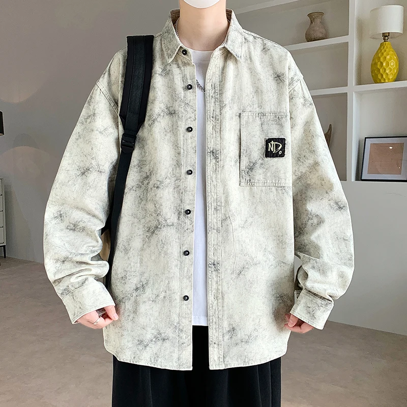 

Men's Pure Cotton Long Sve irt Casual Tie Dye Print Loose Fit Workwear Spring Autumn Flip Collar Casual Sle Coat