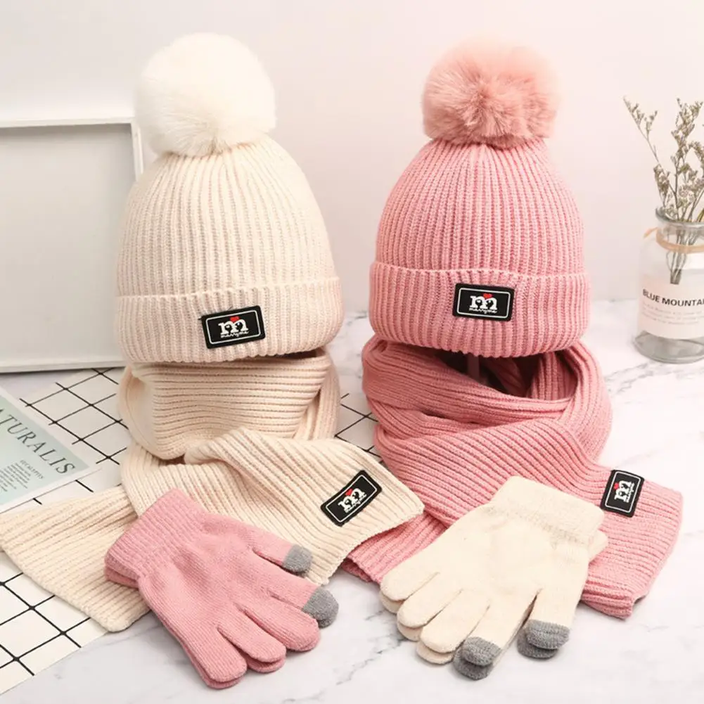 Knitted Hat Scarf Gloves Set Kids Winter Accessories Set Plush Ball Decor Hat Scarf Gloves Warm Knitted Outdoor Gear for Boys