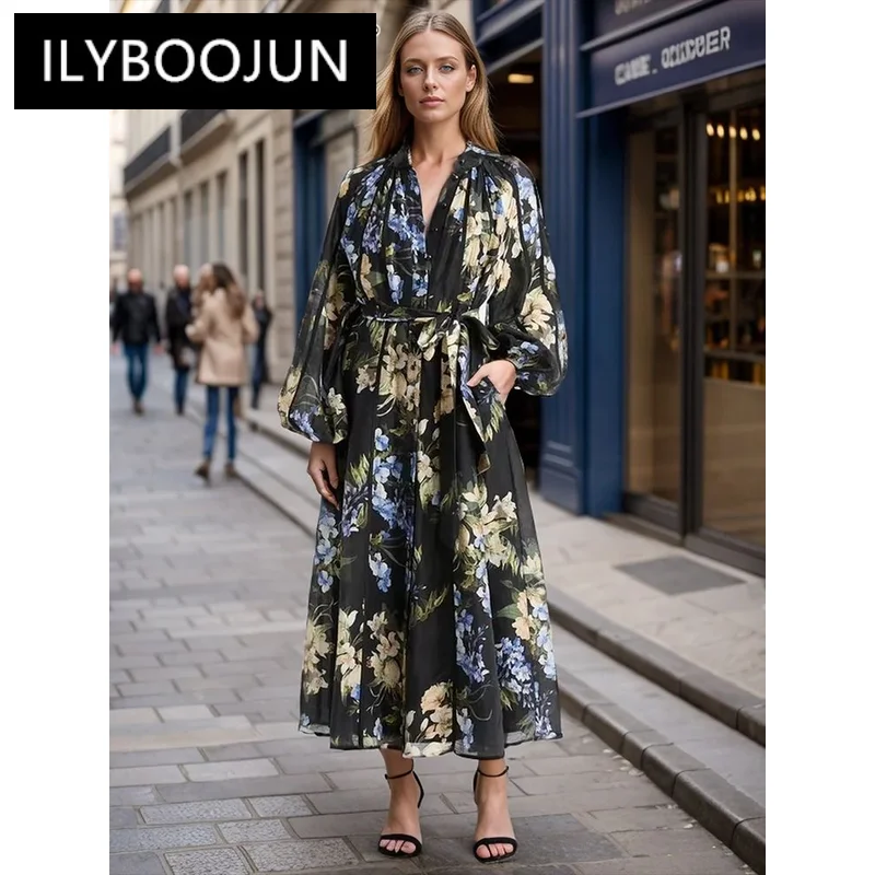 

ILYBOOJUN Hit Color Printing Loose Casual Dress For Women Stand Collar Lantern Sleeve Tunic Spliced Button Dresses Female New