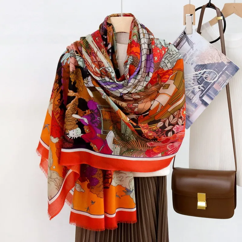 Winsleter-Women 100%Wool Elegant Long Scarf, 200*100CM Printed, Mom Gift Vintage Temperament Scarves, 2025 Winter New A5D138CC