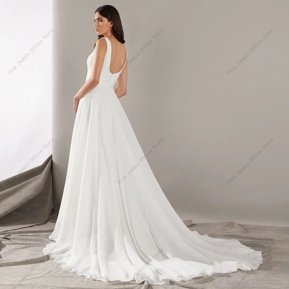 Simple Wide Straps Wedding Dresses Plunging O Neck Sleeveless Bridal Grown Open Back Chiffon A Line Draped Vestidos De Novia