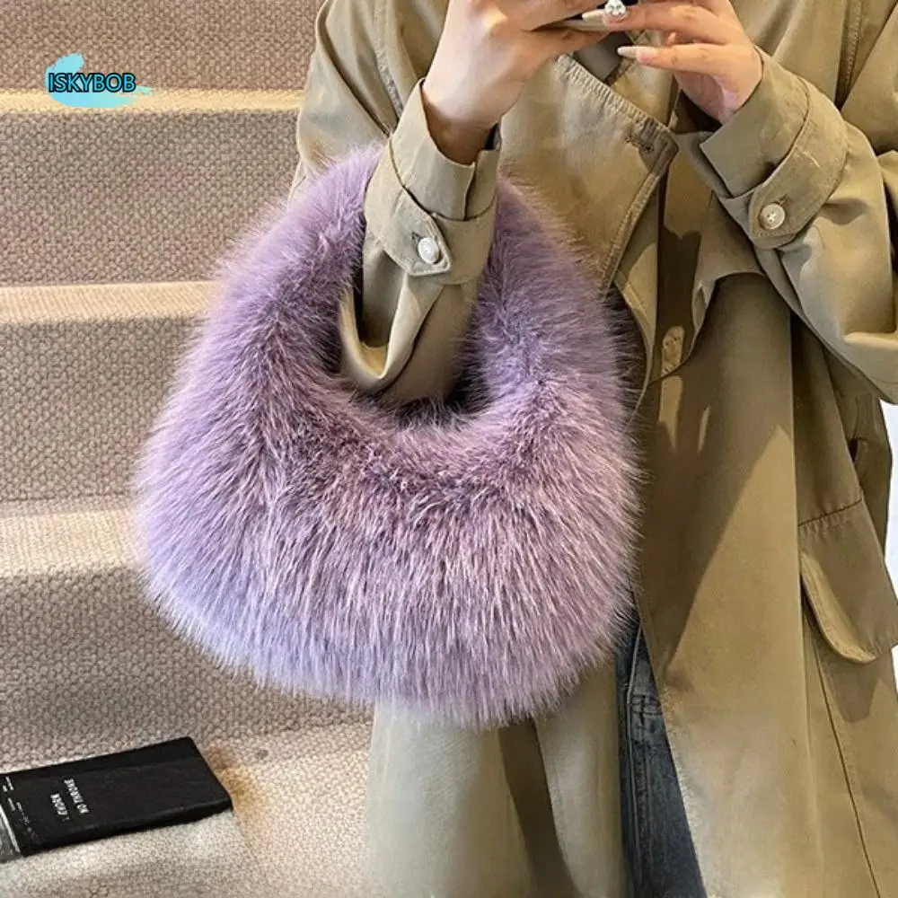 

Trend Elegant Faux Furry Texture Purse Half Moon Shape Soft Plush Clutch Handbags Small Lightweight Tote Bag Daily Use