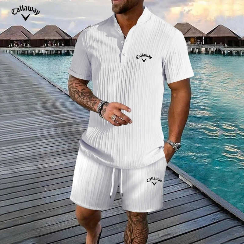 New Embroidered Striped Stand Up Collar Short Sleeved Shorts Shirt Set for Men, Fashionable and Casual Multifunctional Beach Set