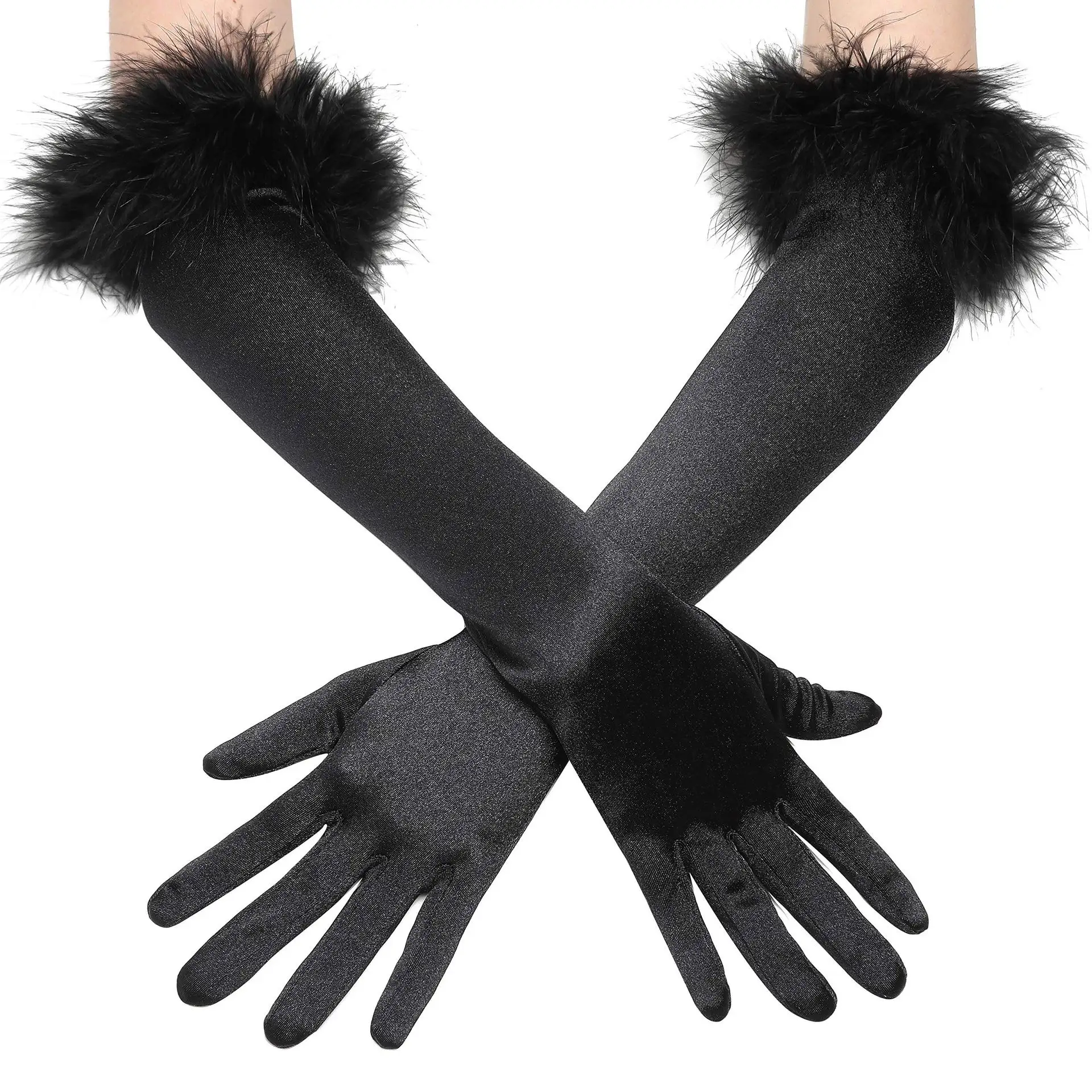 Women's Long Feather Gloves 50cm Satin Elbow Solid Halloween Sexy Dinner Performance Velvet Wedding Gloves 1920s Accessories