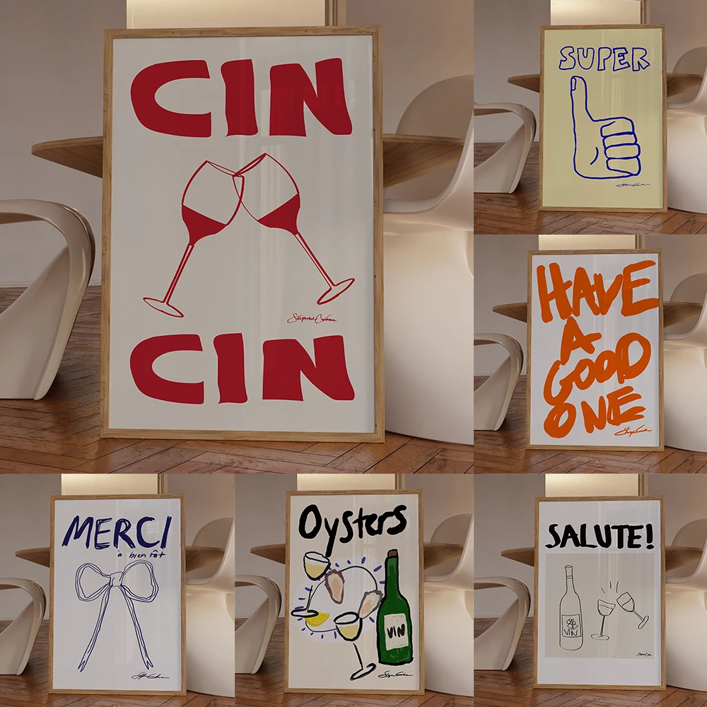 Póster de Alcohol sin marco para beber, impresiones de Cin, imágenes de botellas de vino, pintura en lienzo de Saludo Merci, decoración de pared para fiesta en casa