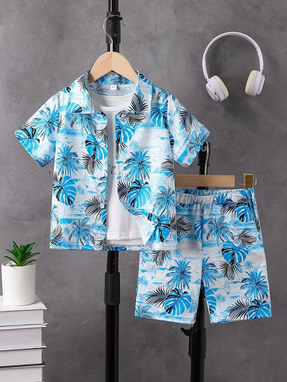 Coconut Tree Pattern Kids Short-Sleeve Button Lapel Shirt Summer Seaside Beach Vacation Hawaiian Style Shirt+shorts Boys Clothes