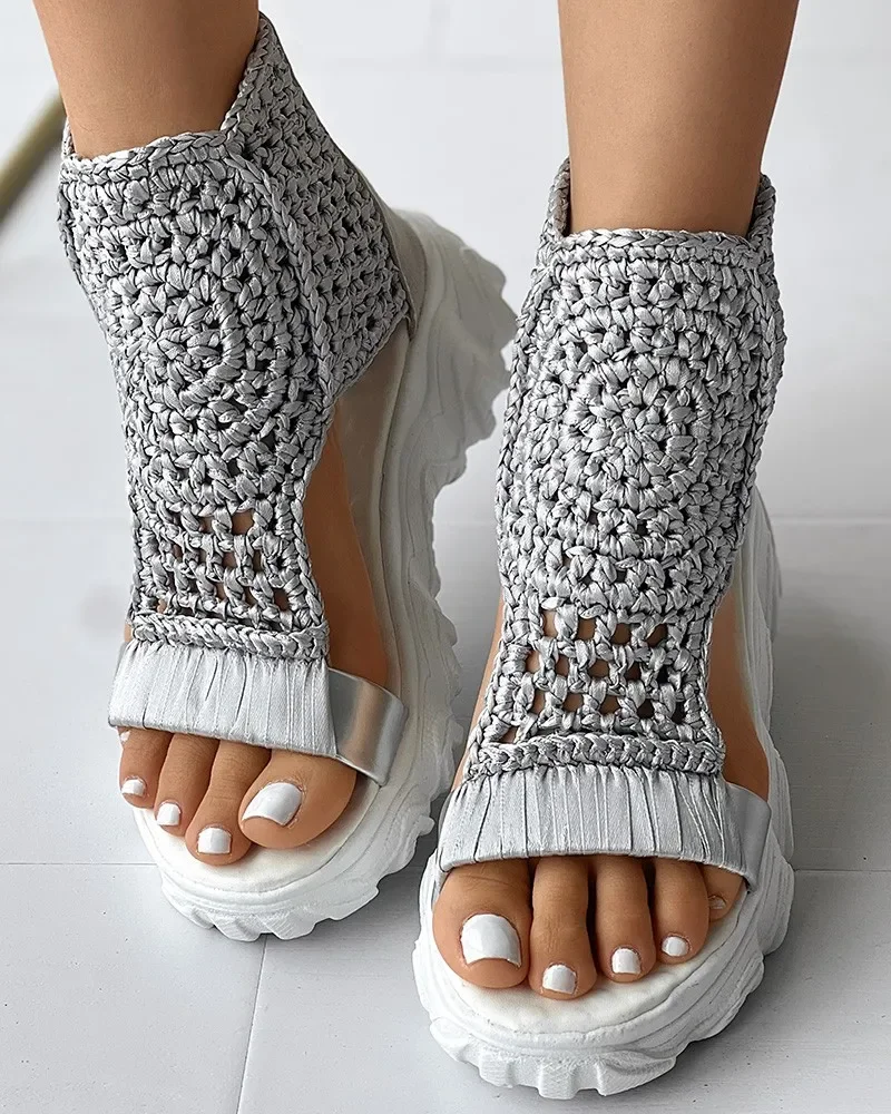 Sandals Women Braided Geometric Wedge Sandals Knitted Elastic Summer Shoes Mesh Flat Sandals Hollow Female Platform Shoes