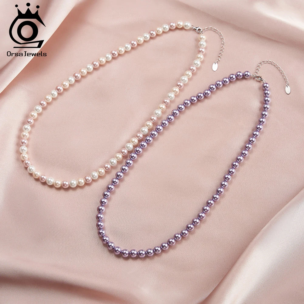 ORSA JEWELS 14K Gold 6mm Shell Pearls Beaded Necklace Chain 925 Sterling Silver New Pink Purple Shell Pearls Collares Women Gift