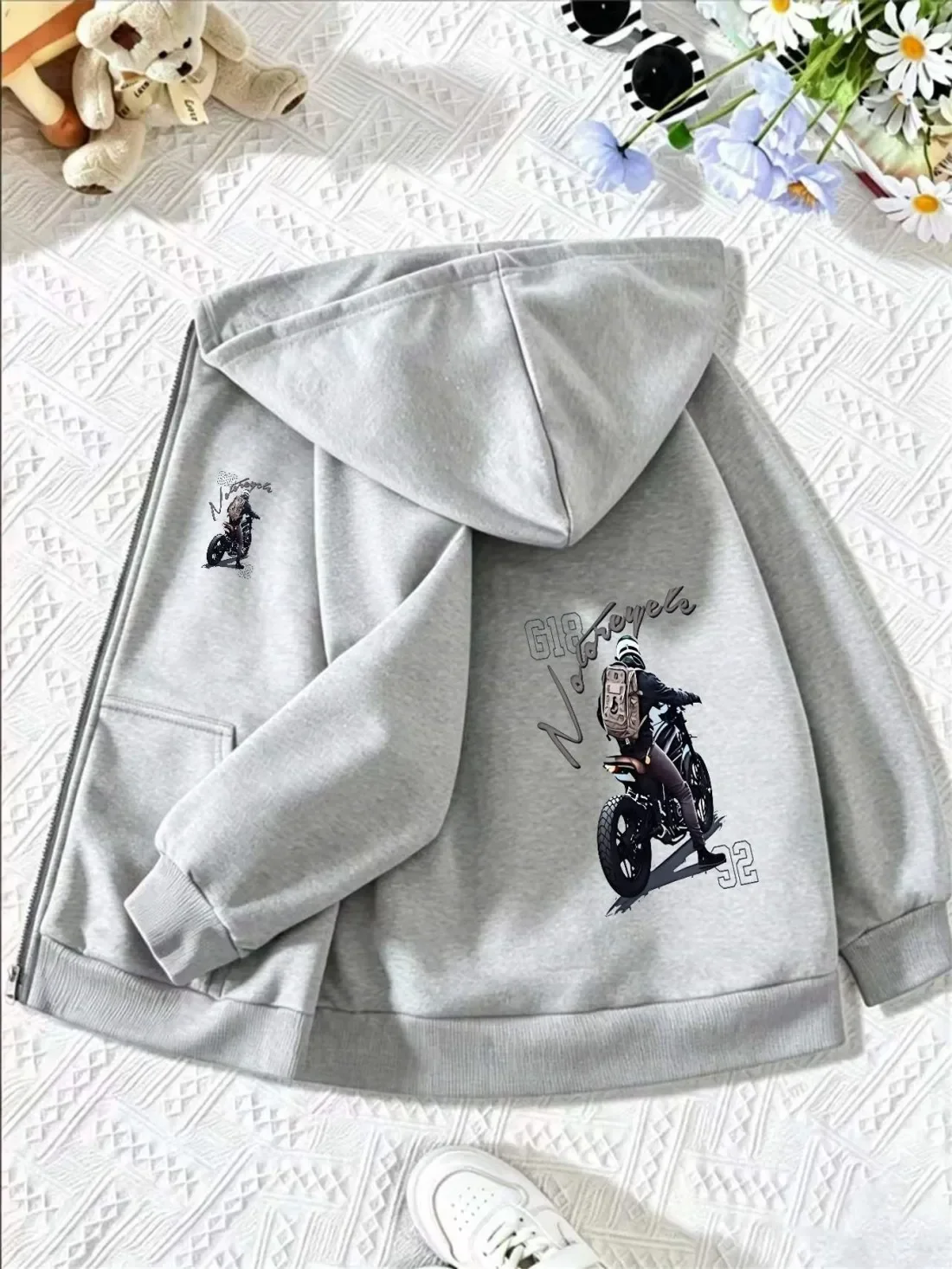 Cool Vintage Biker Motorcycle Print Kids Hoodie Zip Up Fleece Lined Autumn Winter Children Casual Warm Hooded Sweatshirt