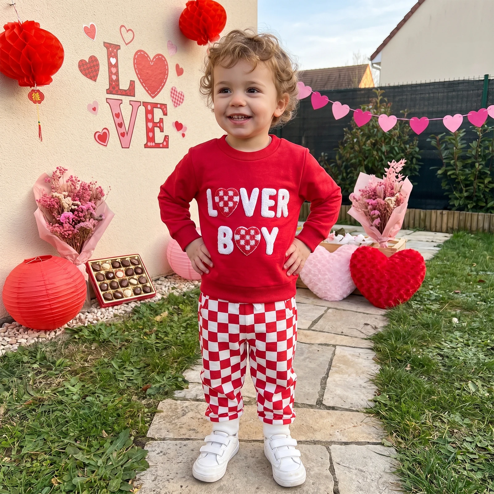 Toddler Girls Valentines Outfits Long Sleeve Embroidery Tops Plaid Pants