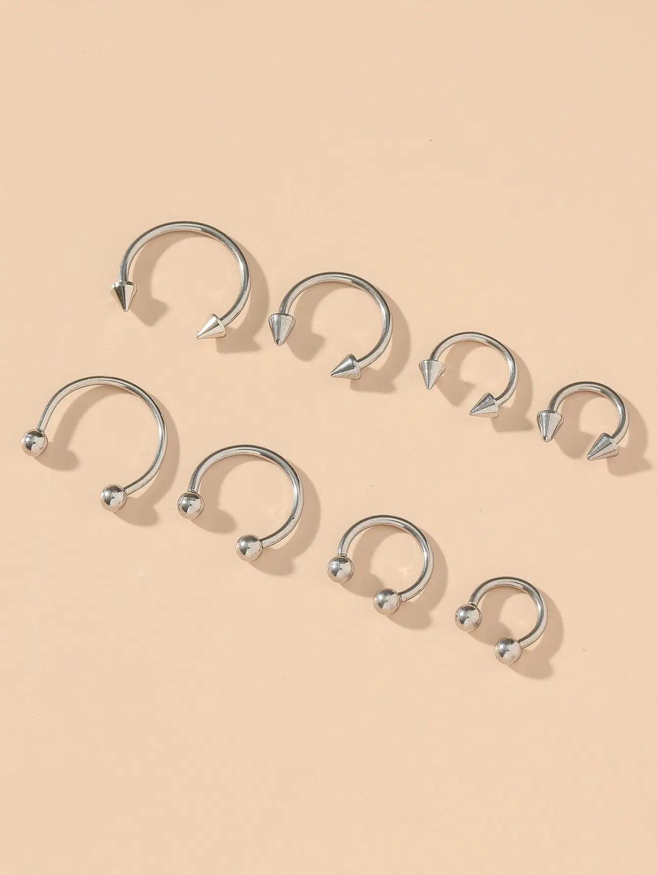 

8pcs Stainless Steel C-Shaped Nose Rings with Spike and Ball Ends for Body Piercing