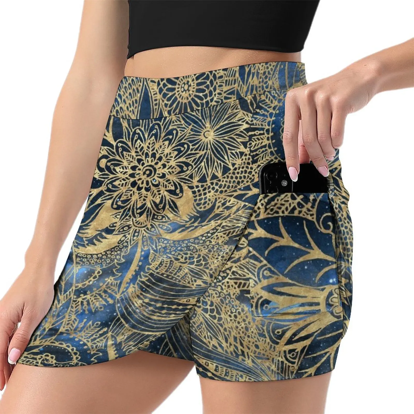 Elegant gold floral mandala and blue nebula design Light Proof Trouser Skirt Women's skirt Women skirts