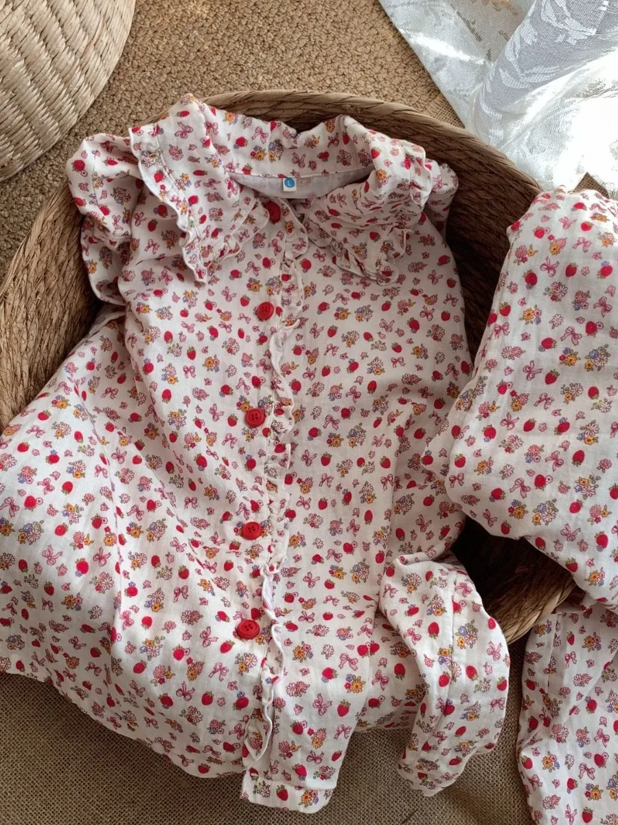new-arrival-pure-cotton-double-layer-long-sleeve-sleepwear-women's-spring-autumn-thin-cotton-cute-floral-home-clothes-set
