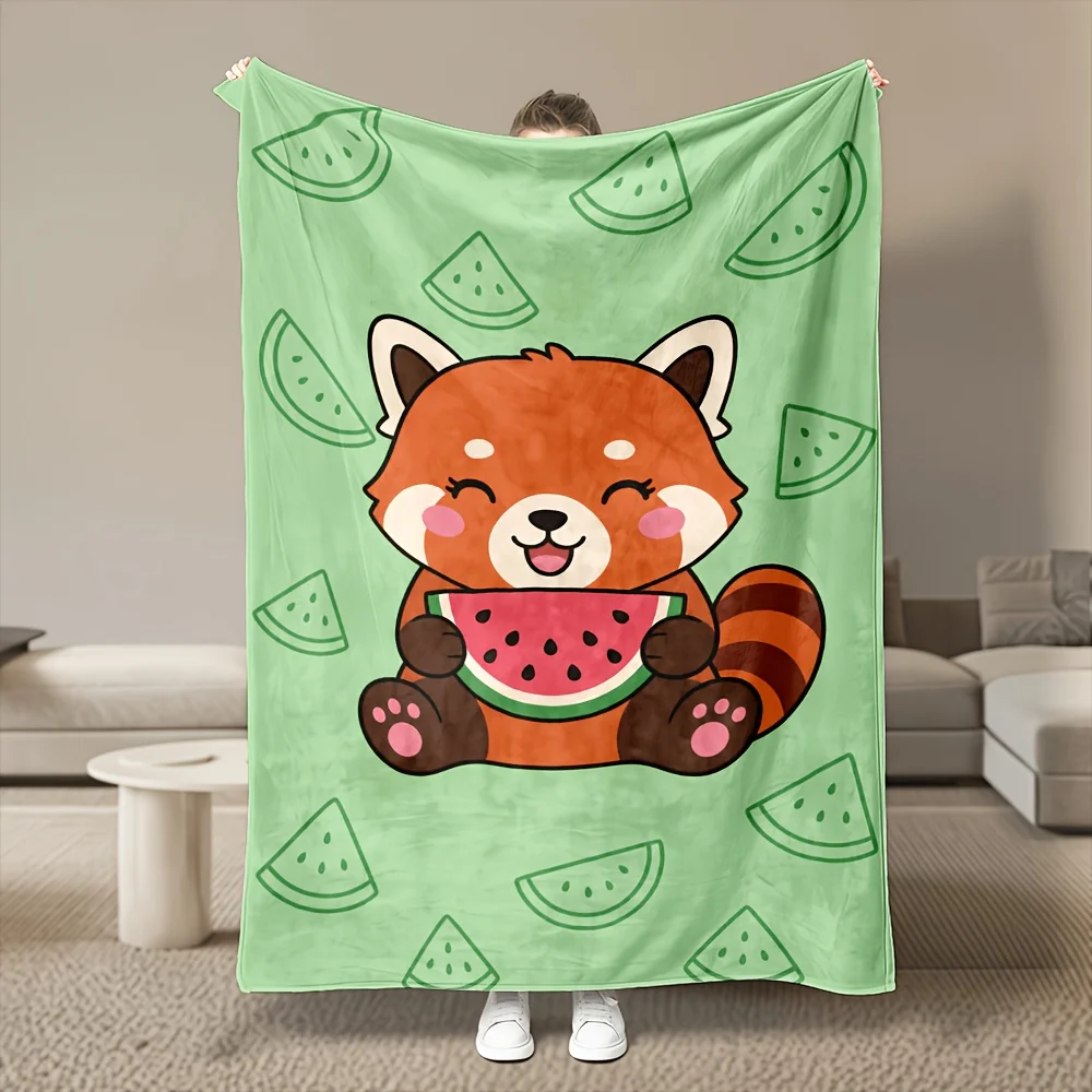 1pc Cute Watermelon & Red Panda Flannel Blanket - Ultra Soft Heavyweight Suitable for All-Season Cozy Bedspread, Machine Washable Suitable for Bed, Sofa, Dorm, Car - Warm Throw Gift for,,, Office Nap with Adorable Print