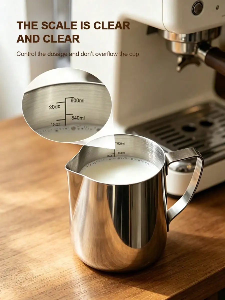 Stainless Steel Latte Art Milk Pitcher, Pointed Spout, Measurement Scale, Barista Espresso Cappuccino Milk Frothing Jug