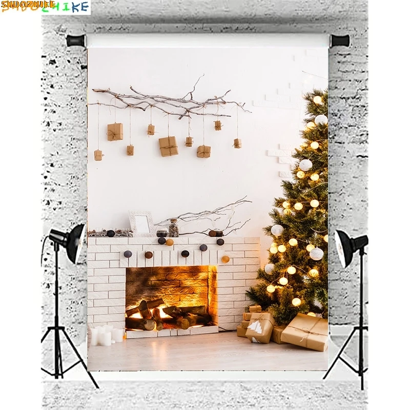 

Christmas Day New Year Party Photography Backdrops Prop Window Living Room Interior Xmas Tree Snow Theme Photo Background AX-12