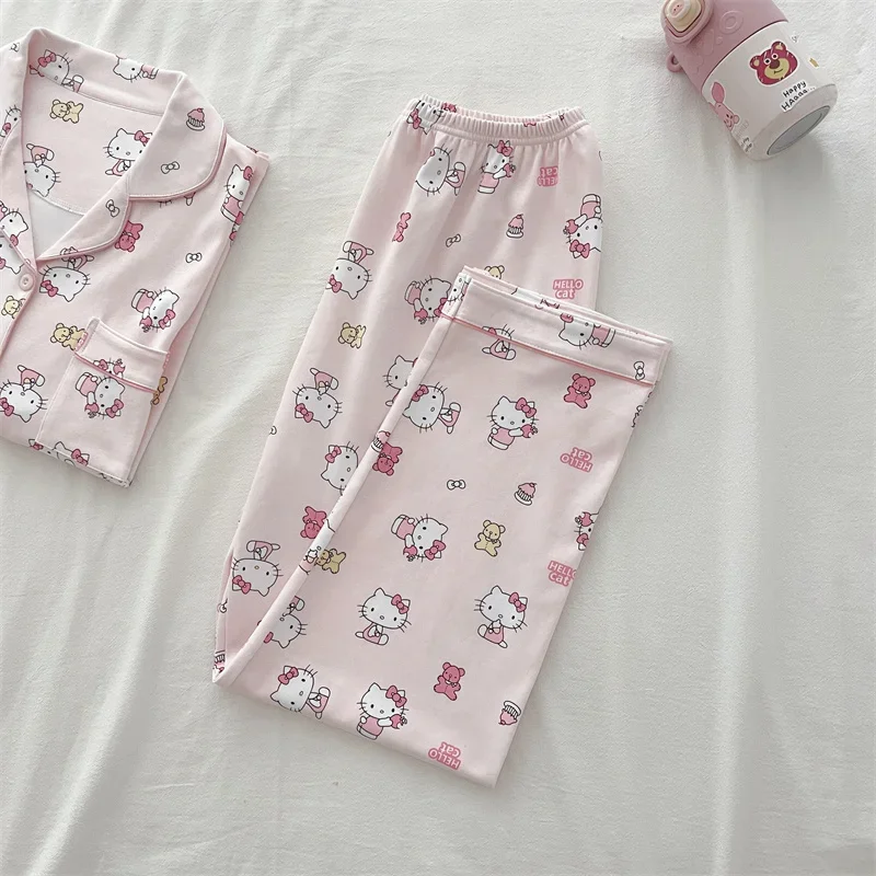 Sanrio\'s new Hello Kitty silk pajamas female cute cartoon pure cotton three-piece set loose and comfortable home pajamas